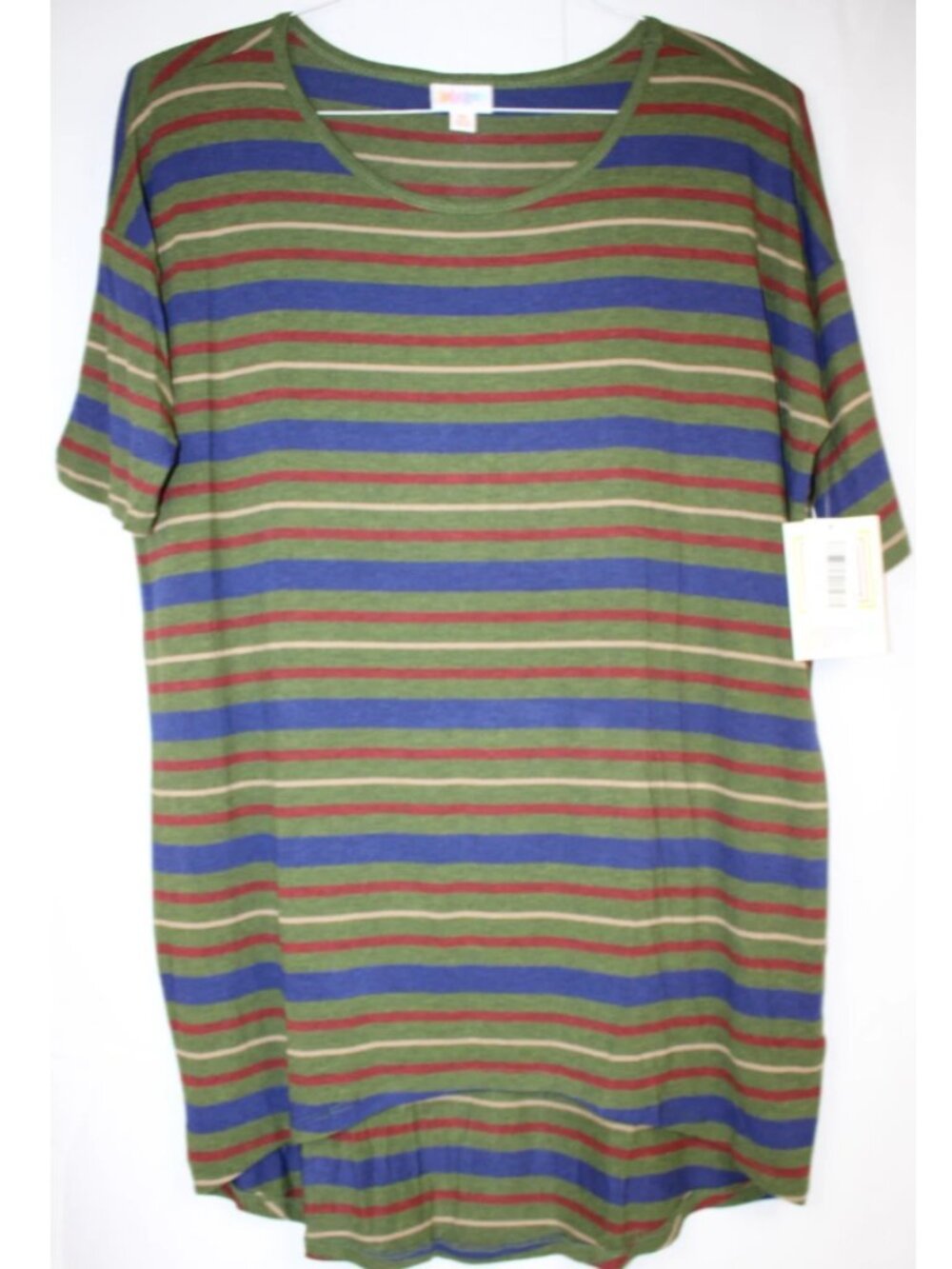 LuLaRoe IRMA T Shirt Women's Top Short Sleeves NWT Size XS Green Blue Stripes